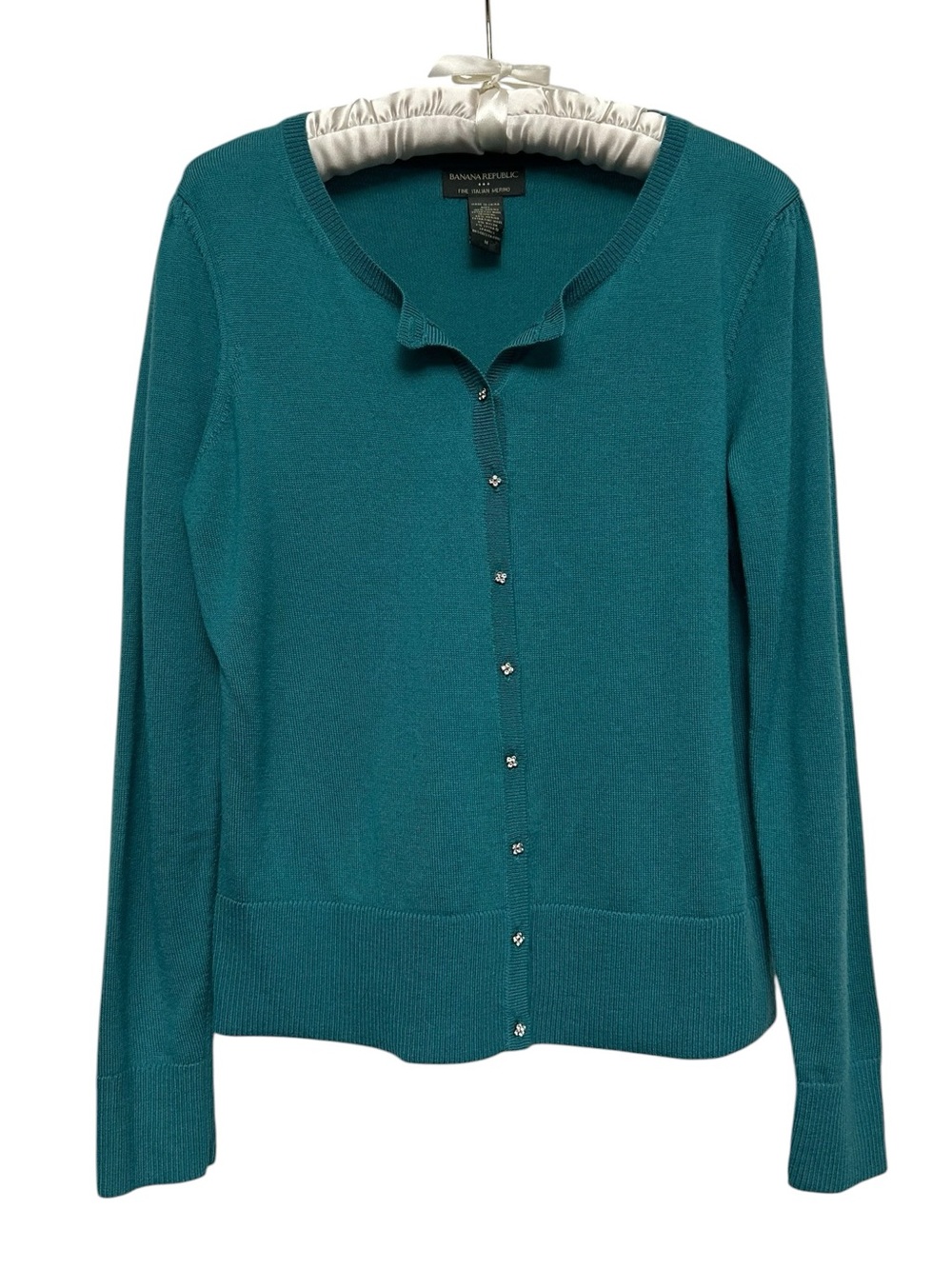 Banana Republic Women's Teal Merino Wool Rhinestone Button Cardigan Size Medium